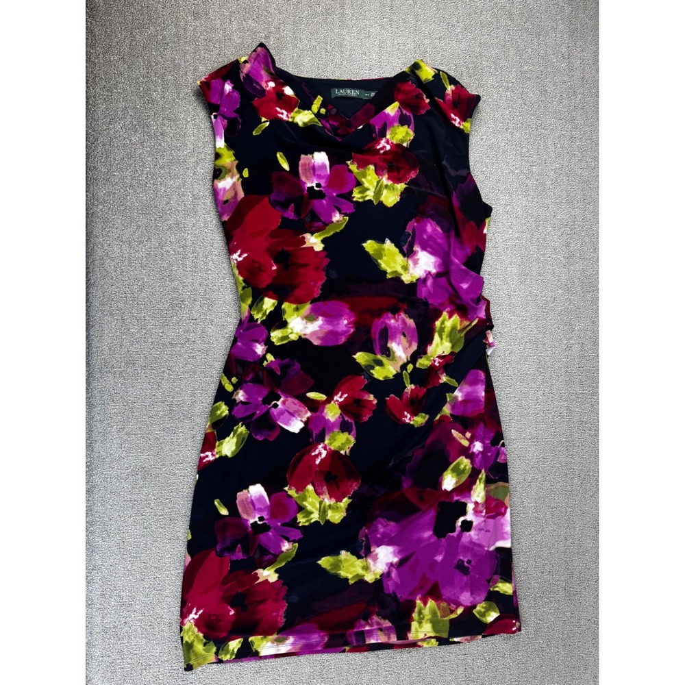 Lauren Ralph Lauren Dress Plus Size 16W Multicolor Floral Ruched Sheath Classic